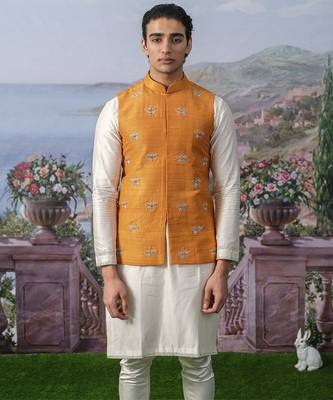 White plain chanderi silk kurta pajama with orange nehru jacket 3