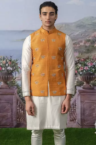 White plain chanderi silk kurta pajama with orange nehru jacket