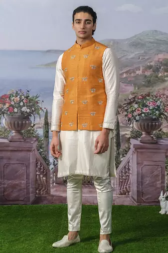 White plain chanderi silk kurta pajama with orange nehru jacket