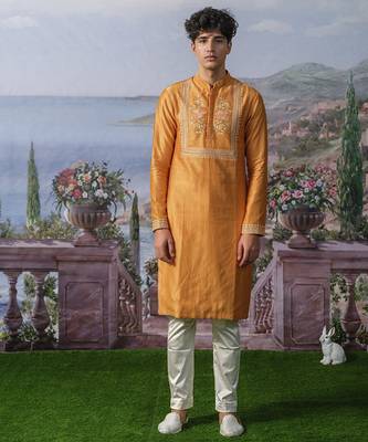 Orange embroidered chanderi silk kurta pajama 1