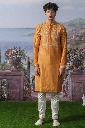 Orange embroidered chanderi silk kurta pajama