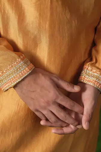 Orange embroidered chanderi silk kurta pajama