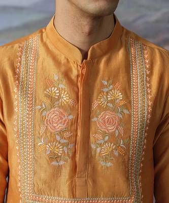 Orange embroidered chanderi silk kurta pajama 3