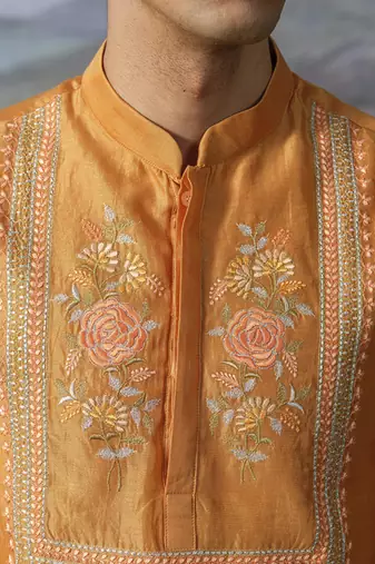 Orange embroidered chanderi silk kurta pajama