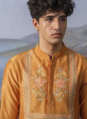 Orange embroidered chanderi silk kurta pajama 4