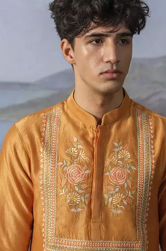 Orange embroidered chanderi silk kurta pajama