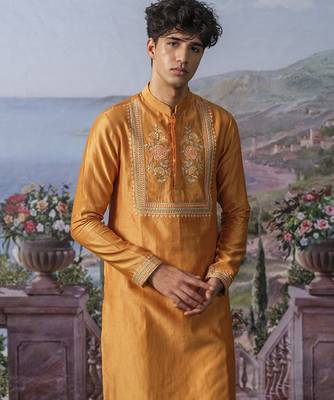 Orange embroidered chanderi silk kurta pajama 5