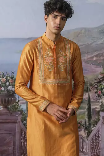 Orange embroidered chanderi silk kurta pajama