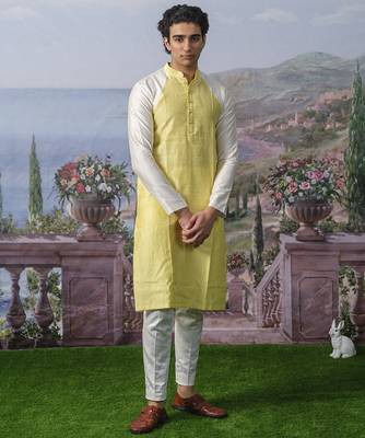Yellow plain chanderi silk kurta pajama 1