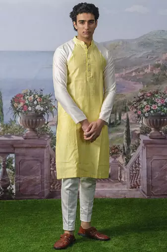 Yellow plain chanderi silk kurta pajama