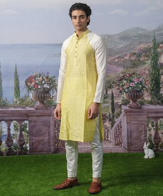 Yellow plain chanderi silk kurta pajama 2