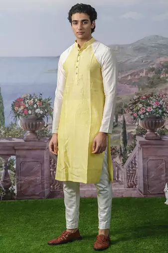 Yellow plain chanderi silk kurta pajama