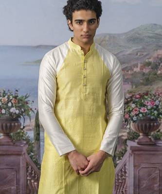 Yellow plain chanderi silk kurta pajama 3