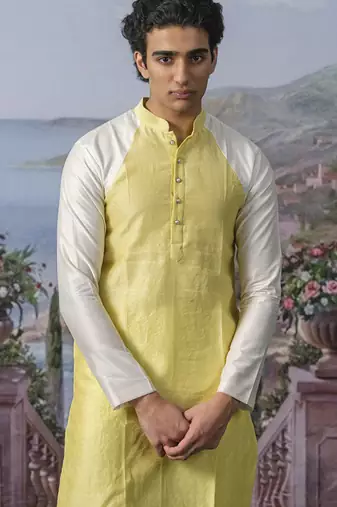 Yellow plain chanderi silk kurta pajama
