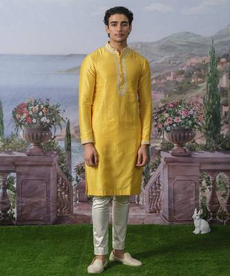 Yellow embroidered chanderi silk kurta pajama 1