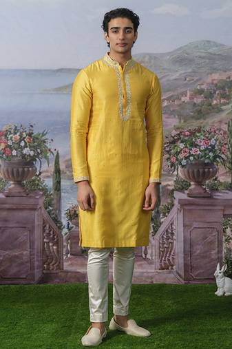 Yellow embroidered chanderi silk kurta pajama