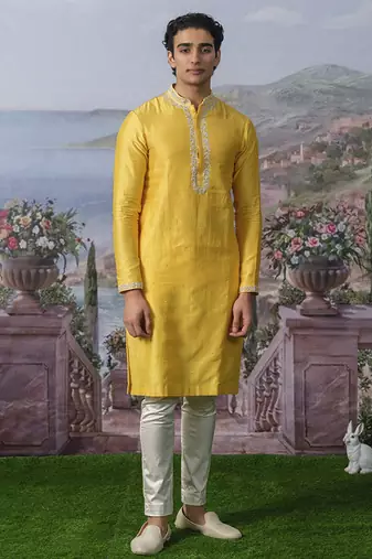 Yellow embroidered chanderi silk kurta pajama