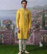Yellow embroidered chanderi silk kurta pajama
