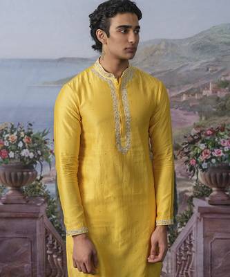 Yellow embroidered chanderi silk kurta pajama 2