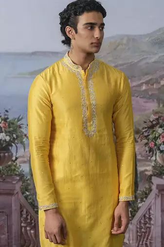 Yellow embroidered chanderi silk kurta pajama