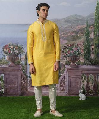 Yellow embroidered chanderi silk kurta pajama 3