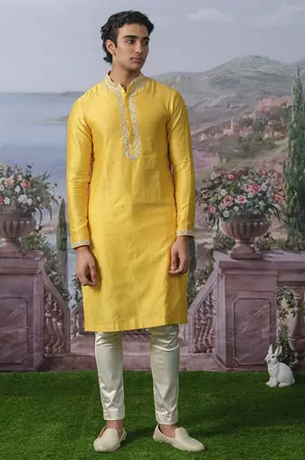 Yellow embroidered chanderi silk kurta pajama