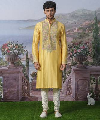Yellow embroidered chanderi silk kurta pajama 1