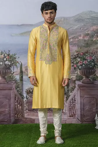 Yellow embroidered chanderi silk kurta pajama