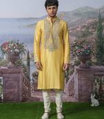 Yellow embroidered chanderi silk kurta pajama
