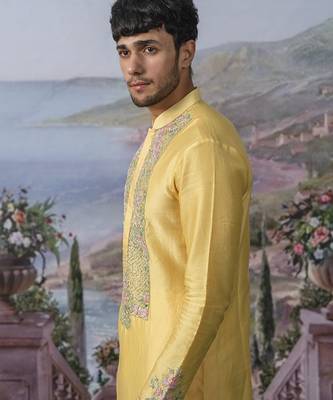 Yellow embroidered chanderi silk kurta pajama 2