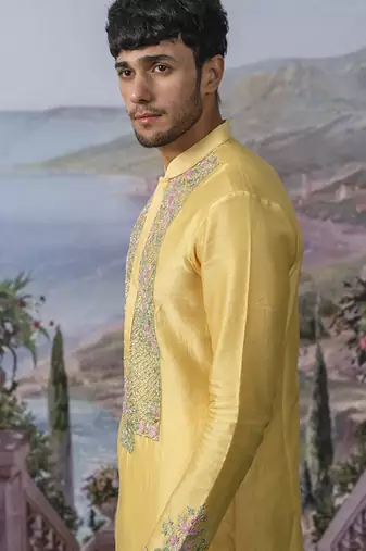 Yellow embroidered chanderi silk kurta pajama
