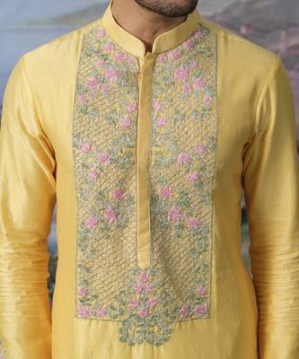 Yellow embroidered chanderi silk kurta pajama 3