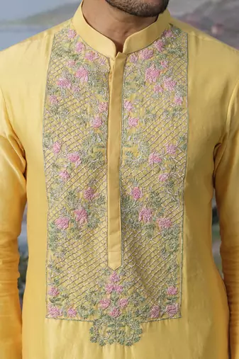 Yellow embroidered chanderi silk kurta pajama