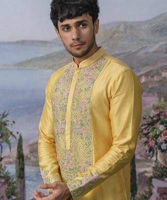 Yellow embroidered chanderi silk kurta pajama 4