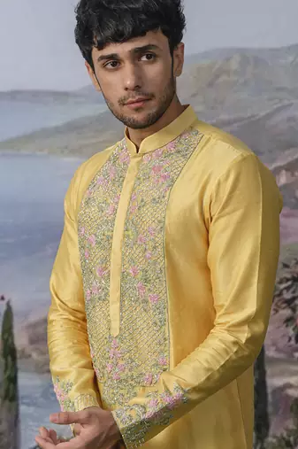 Yellow embroidered chanderi silk kurta pajama