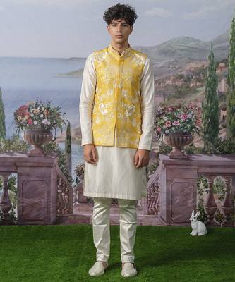 Yellow embroidered chanderi silk nehru jacket set 1
