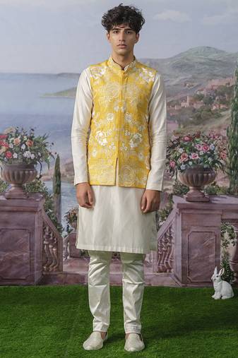 Yellow embroidered chanderi silk nehru jacket set