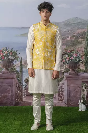 Yellow embroidered chanderi silk nehru jacket set