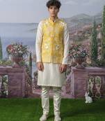 Yellow embroidered chanderi silk nehru jacket set