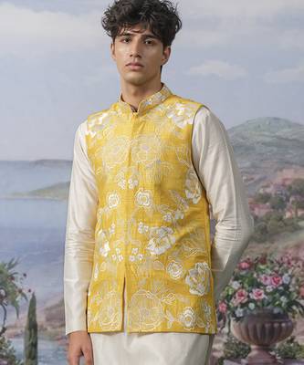 Yellow embroidered chanderi silk nehru jacket set 2