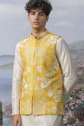 Yellow embroidered chanderi silk nehru jacket set