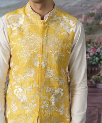 Yellow embroidered chanderi silk nehru jacket set 3