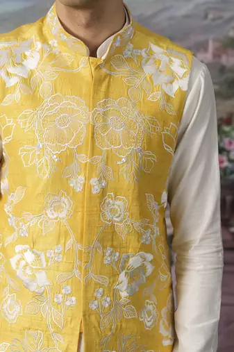 Yellow embroidered chanderi silk nehru jacket set