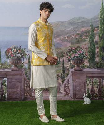 Yellow embroidered chanderi silk nehru jacket set 4