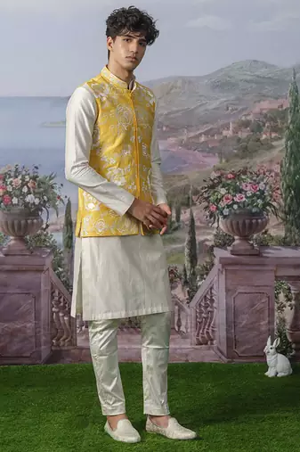 Yellow embroidered chanderi silk nehru jacket set
