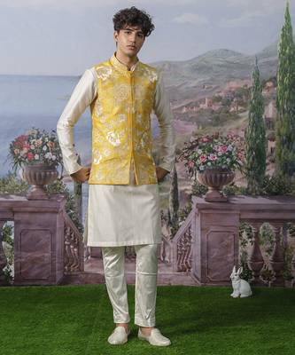 Yellow embroidered chanderi silk nehru jacket set 5