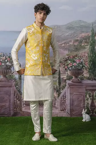 Yellow embroidered chanderi silk nehru jacket set