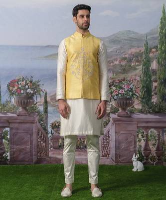 Yellow embroidered chanderi silk nehru jacket set 1