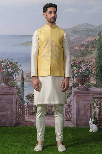Yellow embroidered chanderi silk nehru jacket set