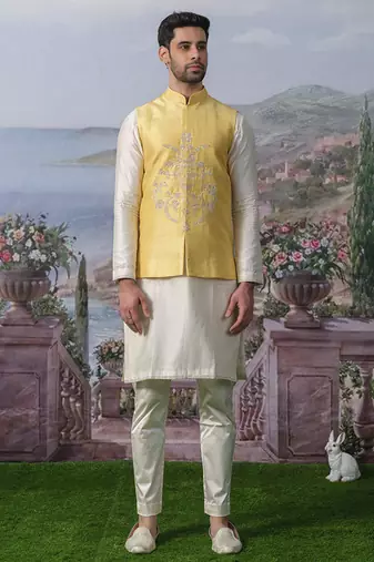 Yellow embroidered chanderi silk nehru jacket set
